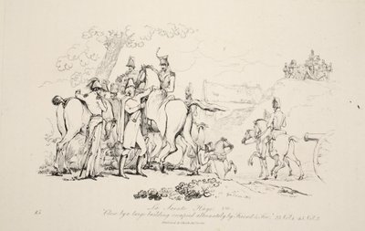 La Sainte Haye: W pobliżu dużego budynku zajmowanego na przemian przez Friend and Foe, pub. J. Booth, 1816 autorstwa George Jones