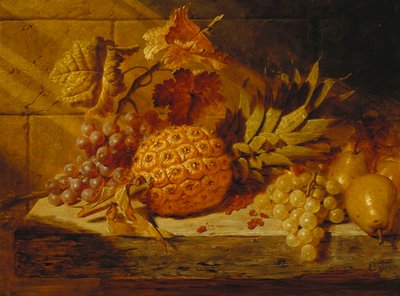 Czarno-białe winogrona, gruszki, czerwone porzeczki i ananas na półce, 1845 autorstwa George Lance