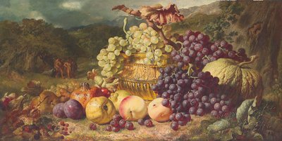 Martwa natura z owocami w krajobrazie, polowanie poza nią, 1859 autorstwa George Lance