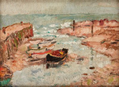 Beached Boats, Lower Largo (olej na panelu) autorstwa George Leslie Hunter