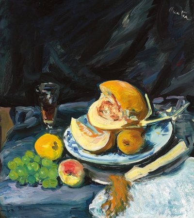 Martwa natura z ciętym melonem, szkłem i wachlarzem 1920 autorstwa George Leslie Hunter