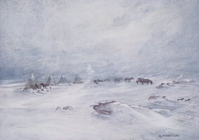Blizzard on the Barrier, ilustracja z „Nimrod in the Antarctic 1907-09” autorstwa Sir Ernesta Shackletona (1874-1922) autorstwa George Marston