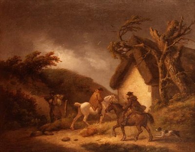 Burzliwy zalesiony krajobraz z podróżnikami autorstwa George Morland