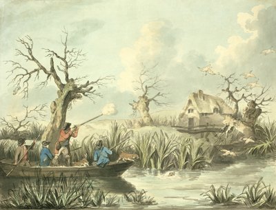 Strzelanie do kaczek, sztych. Thomas Rowlandson (1756-1827), wyd. J. Harris, 1789 (akwaforta kolorowa) (patrz także 125725-27) autorstwa George Morland