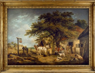 Pejzaż z postaciami u drzwi karczmy (olej na płótnie) autorstwa George Morland