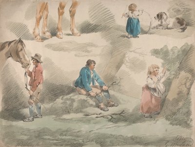 Conjunto de cinco: Estudos de meninas, um brincando com arco, um colhendo bagas, homem e cavalo, etc.polonês autorstwa George Morland