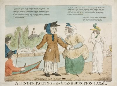 Delikatne rozstanie nad kanałem Grand Junction, grawerowane przez Robertsa, lata 1810 (ręcznie kolorowana akwaforta) autorstwa George Moutard Woodward