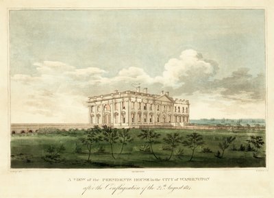 Widok Domu Prezydentów w Waszyngtonie po pożarze w dniu 24 sierpnia 1814 r., pub. 1814 autorstwa George Moutard Woodward
