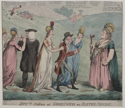 Matka Windsor z czterema kurtyzanami nakazuje swoim dziewczętom aresztować biskupa Durham i księcia Queensbury, 1798 (akwaforta kolorowa) autorstwa George Moutard Woodward