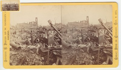 Stereografia ruin Mammoth Store of Field & Leiter po pożarze Chicago w 1871, 1871 (bw zdjęcie na uchwycie karty) autorstwa George N. Barnard