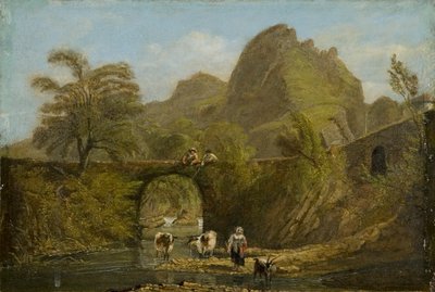 „Skała i most Dynas”, 1820 autorstwa George Orleans De La Motte
