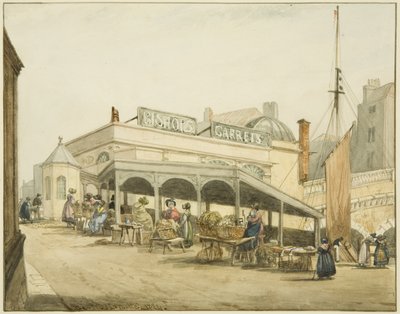 Szopa dla kobiet ostryg na moście Bristol (ołówek i akwarela na papierze) autorstwa George Orleans Delamotte