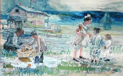 Piknik na plaży (akwarela na papierze) autorstwa George Overbury Hart