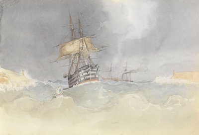 HMS "Trafalgar" wpływający do portu na Malcie po utracie steru po wichurze, 9 lutego 1852 r. autorstwa George Pechell Mends