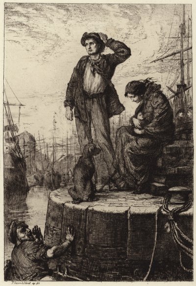 Młoda rodzina emigrantów czekająca w dokach autorstwa George Percy Jacomb Hood