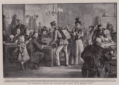 Wędrowny sprzedawca pocztówek z obrazkami w berlińskiej kawiarni autorstwa George Percy Jacomb Hood