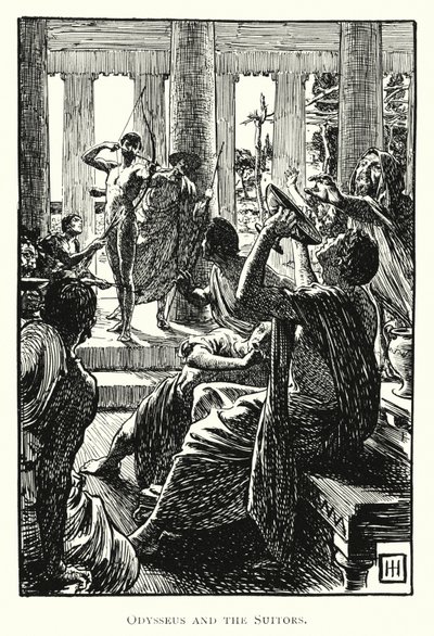 Odyseja: Odyseusz i zalotnicy (grawerowanie) autorstwa George Percy Jacomb Hood