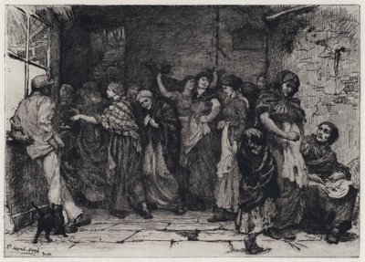 Dzień wypłaty w przędzalni bawełny (akwaforta) autorstwa George Percy Jacomb Hood