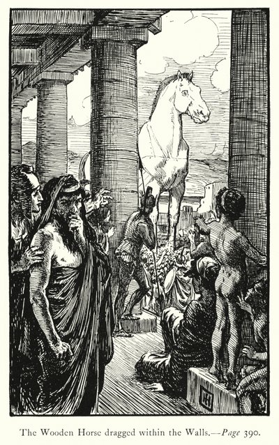 Iliada: Drewniany koń wciągnięty w mury (rycina) autorstwa George Percy Jacomb Hood
