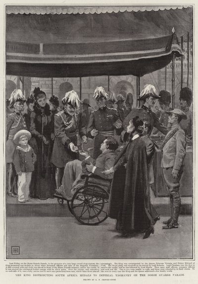 Król rozdający medale RPA cesarskiemu Yeomanry podczas parady Gwardii Konnej autorstwa George Percy Jacomb Hood