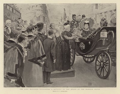 Lady Mayoress wręczająca bukiet królowej w Mansion House autorstwa George Percy Jacomb Hood