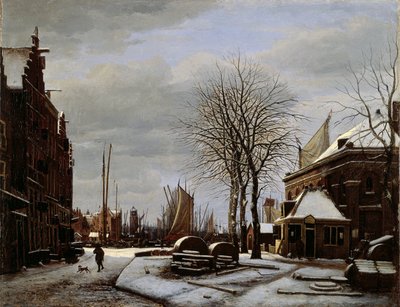 Slijpsteenmarkt (targ Osełek) w Amsterdamie z budynkiem „Het Zeerecht” zimą (Slypsteenen w Amsterdamie) autorstwa George Pieter Westenberg