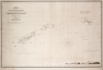 Mapa Szetlandów Południowych, w tym Wyspy Koronacyjnej, z eksploracji statku Dove w latach 1821 i 1822 przez George