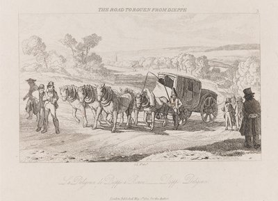 Droga do Rouen z Dieppe, Diligence, ca. 1821 (akwaforta) autorstwa George Robert Lewis