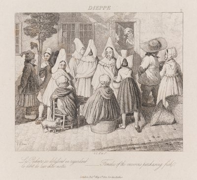 Kobiety kupujące ryby, Dieppe, ok. 1821 (akwaforta) autorstwa George Robert Lewis