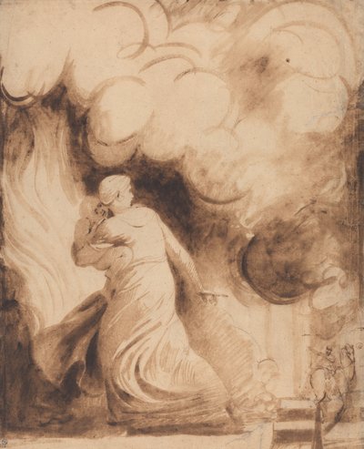 Matka z dzieckiem w ramionach lecąca na wały płonącego miasta (Lady Hamilton jako "Andromacha" uciekająca z płonącej Troi; Ogień) autorstwa George Romney