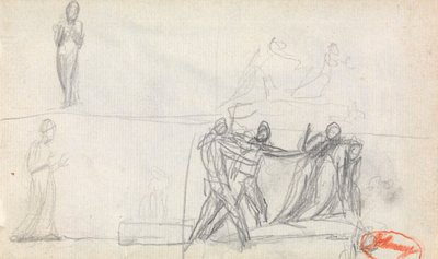 Scena grupowa i dwa szkice przedstawiające stojącą postać autorstwa George Romney