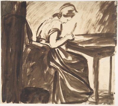 Dama siedząca przy stole (strona przednia); Tańczące postacie (strona tylna) autorstwa George Romney