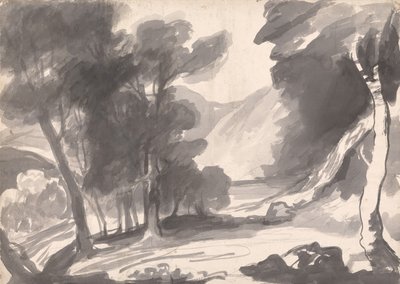 Studium pejzażu: zagajnik, jezioro i góry autorstwa George Romney