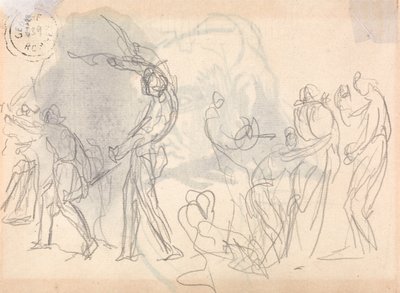 Mężczyźni wychodzący do walki, a za nimi tłum kulących się kobiet autorstwa George Romney