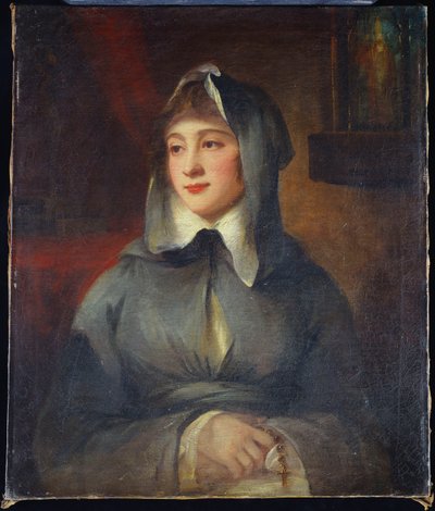 Portret damy do połowy długości jako zakonnicy trzymającej różaniec przy kapliczce we wnętrzu autorstwa George Romney