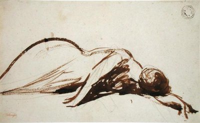 Prostrate Woman (pędzel i brązowy tusz na graficie na papierze wykładanym) autorstwa George Romney