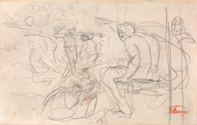 Siedząca postać wydająca wyrok na klęczącą postać autorstwa George Romney