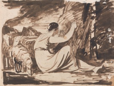Pasterka wycinająca napis na drzewie autorstwa George Romney