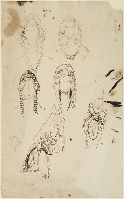 Szkice przedstawiające głowę kobiety oraz siedzącą kobietę z dzieckiem autorstwa George Romney