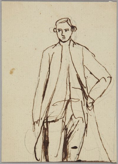 Sąca postać mężczyzny, z lewą ręką opartą o biodro, studium portretowe autorstwa George Romney