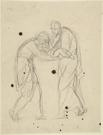 Stojące postacie mężczyzny i kobiety trzymające niemowlę autorstwa George Romney