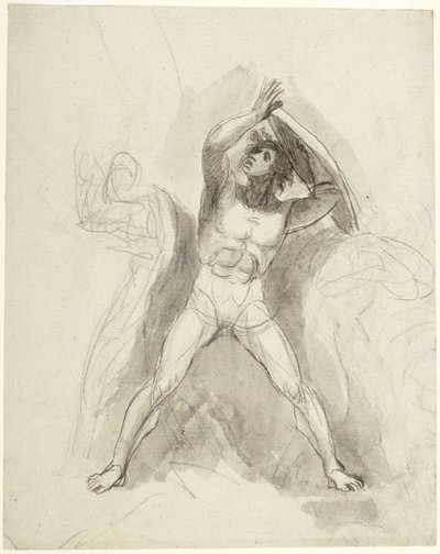 Sący nagi mężczyzna z tarczą autorstwa George Romney