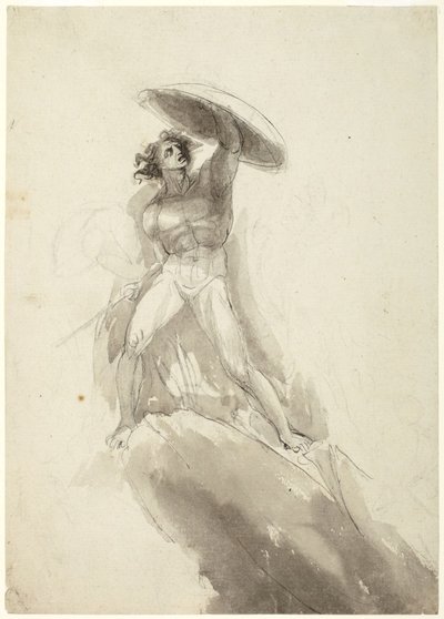 Kroczący nagi mężczyzna z tarczą: szkic do obrazu „Upadek zbuntowanych aniołów” autorstwa George Romney