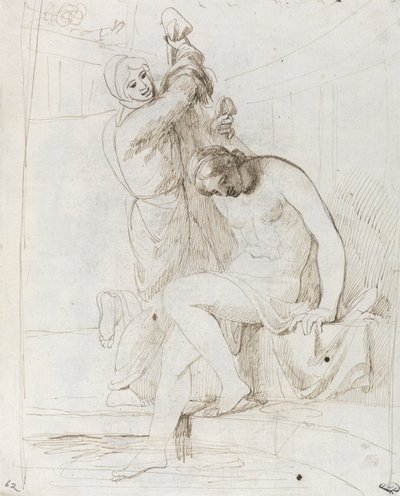 Łaźnia Batszeby (pióro i brązowy tusz na papierze wykładanym) autorstwa George Romney