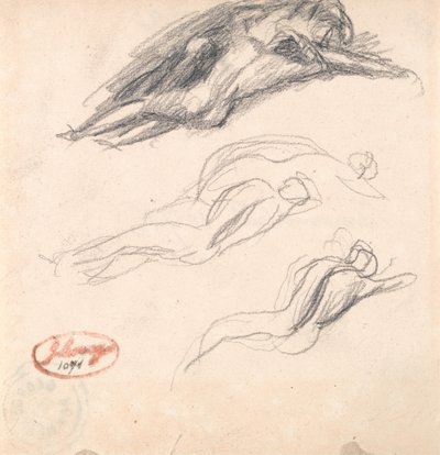 Trzy szkice śpiącej postaci, prawdopodobnie Adama i Ewy do filmu "Szatan odkryty przy uchu Ewy" autorstwa George Romney