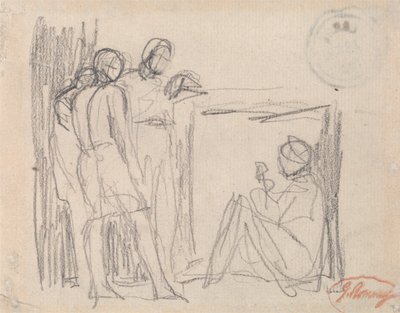 Trzy stojące postacie przed siedzącą postacią autorstwa George Romney