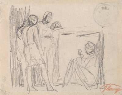 Trzy stojące postacie przed siedzącą postacią autorstwa George Romney