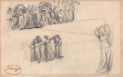 Dwa szkice uciekających kobiet i dzieci oraz stojąca postać kobieca grająca na tamburynie, tak jak Lady Anne Leveson w "Tańczących dzieciach Gower". autorstwa George Romney