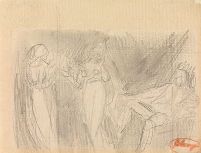 Dwie kobiety i siedzący mężczyzna autorstwa George Romney