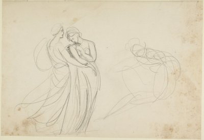 Dwie postacie kobiece przed siedzącą postacią, szkic do obrazu „Dwie dziewczyny u wróżki” autorstwa George Romney